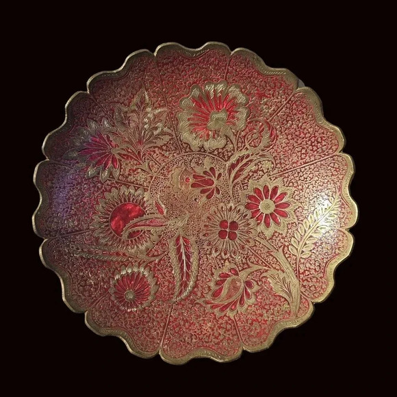 Decorative Brass Bowl 9 inch x 2 inch Orange Floral Design - Picture 1 of 6